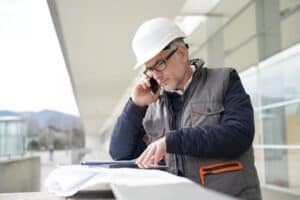 Engineer working on outdoor project and talking on phone
