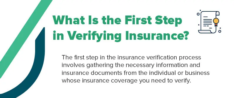 A graphic with a text that reads, "What Is the First Step in Verifying Insurance"